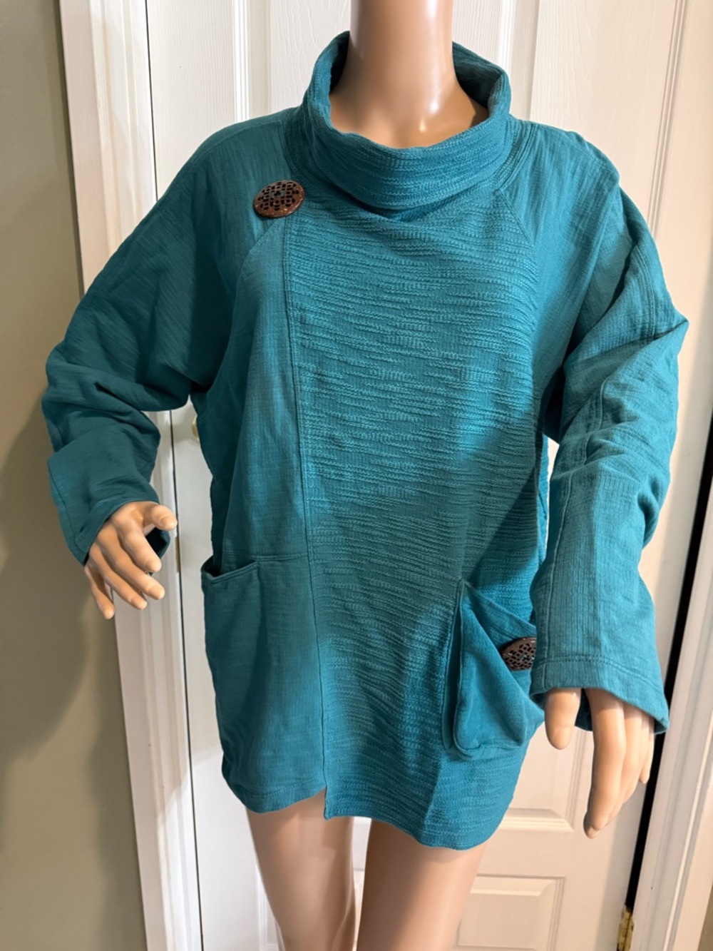 Neon Buddha Teal Tunic Top Size L Decorative Buttons Comfy Cozy Casual Boho